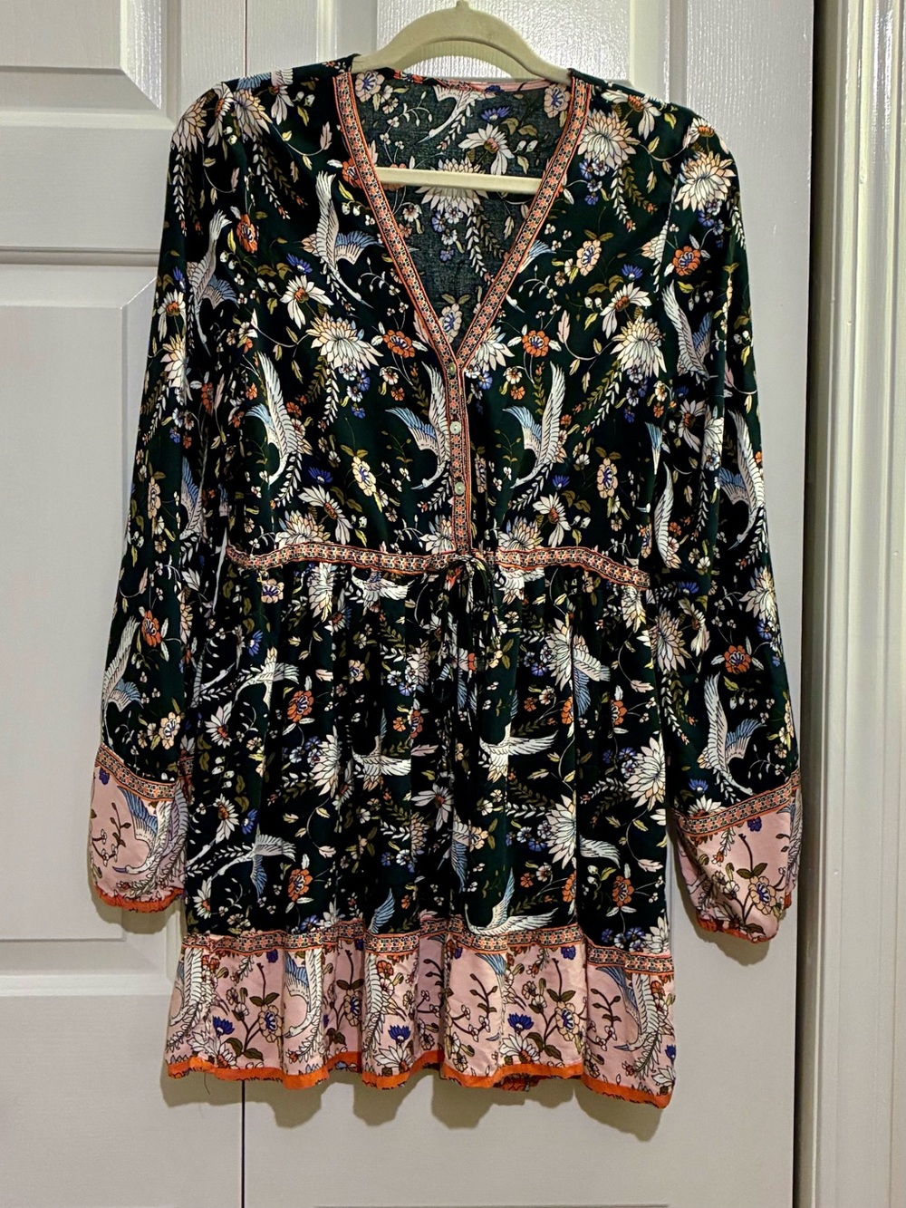 Free People Black Floral Long Sleeve Tunic with Pink Border